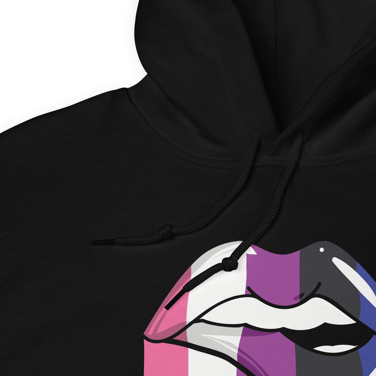 Black hoodie with a colorful genderfluid graphic design on a white background