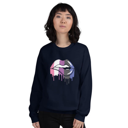 Genderfluid  wearing a navy blue sweatshirt with a colorful lips graphic on a white background