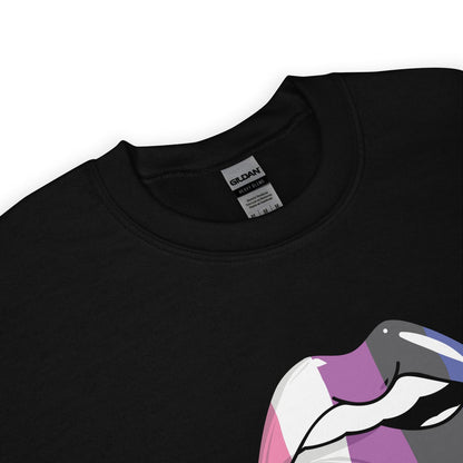 Detail of genderfluid sweatshirt with a colorful graphic design on a white background