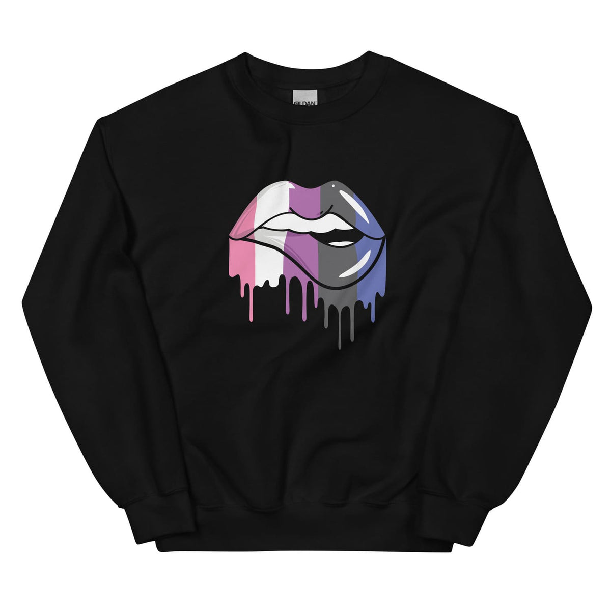 Genderfluid sweatshirt with dripping lips graphic on a white background