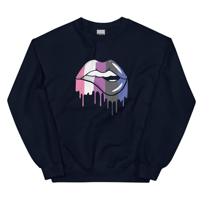 Navy genderfluid sweatshirt with a colorful lips graphic on a white background