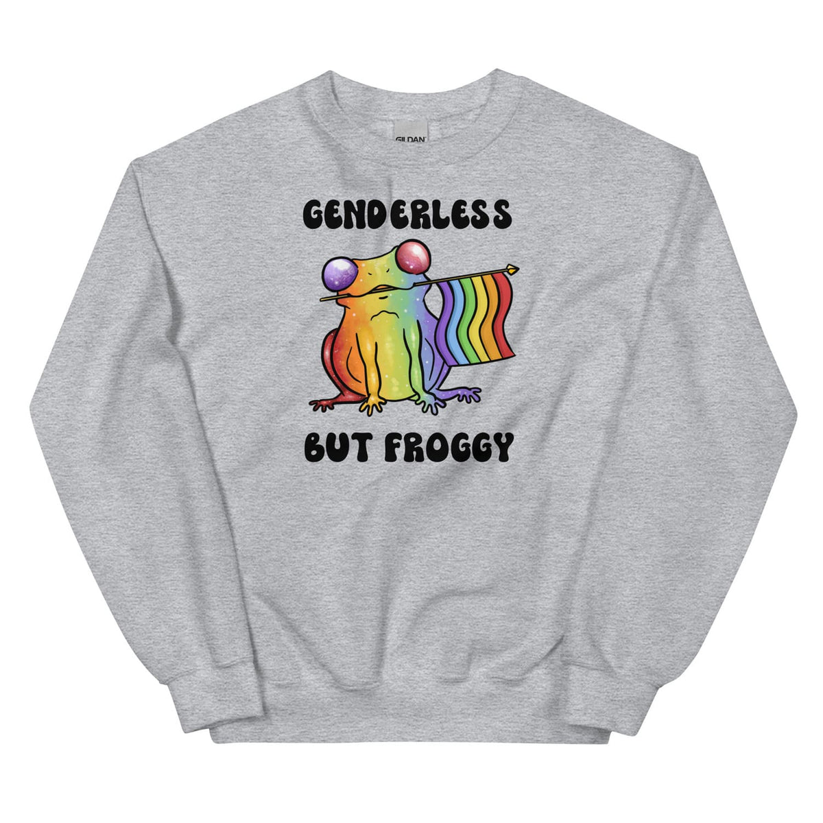 Gray sweatshirt with a rainbow agender or nonbinary frog holding a rainbow flag and text 'GENDERLESS BUT FROGGY' on a white background.