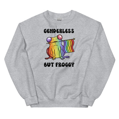 Gray sweatshirt with a rainbow agender or nonbinary frog holding a rainbow flag and text 'GENDERLESS BUT FROGGY' on a white background.