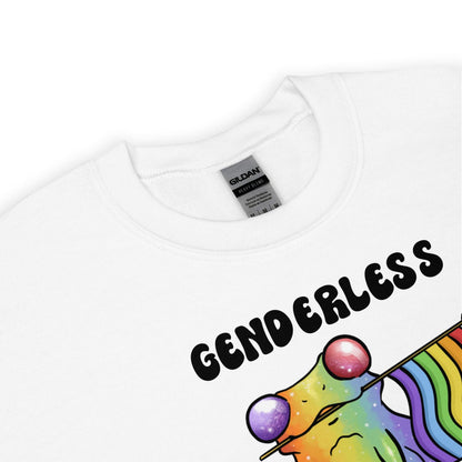 White sweatshirt with 'GENDERLESS but froggy' text and a rainbow agender or nonbinary frog design on a white background