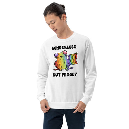 Person wearing a white sweatshirt with a rainbow agender or nonbinary  frog graphic and text on a white background