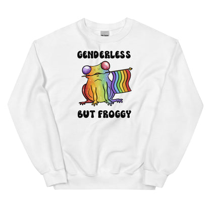 White sweatshirt with a rainbow agender or nonbinary  frog graphic and text on a white background
