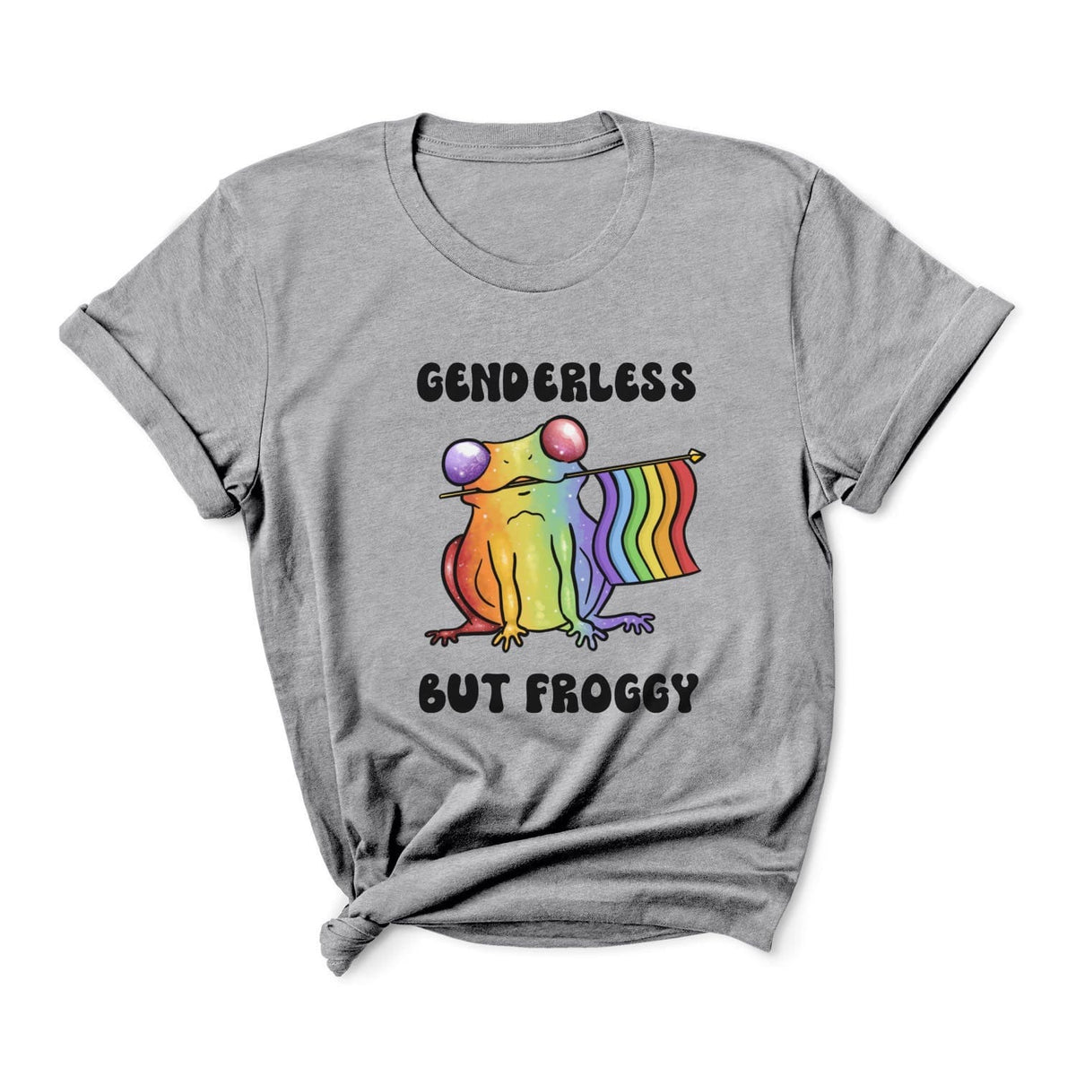 Gray t-shirt with a rainbow agender or nonbinary frog graphic and text on a white background