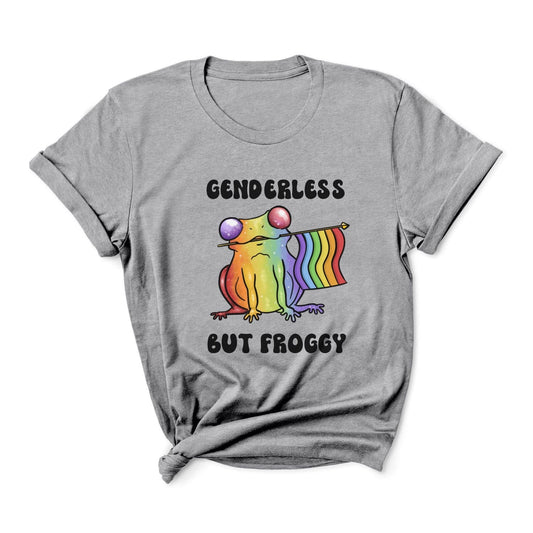Gray t-shirt with a rainbow agender or nonbinary frog graphic and text on a white background