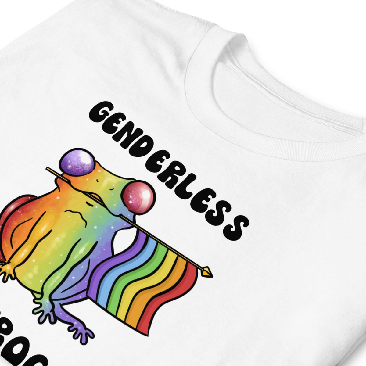 White shirt with a rainbow agender or nonbinary frog holding a rainbow flag and the word 'GENDERLESS' on a white background.