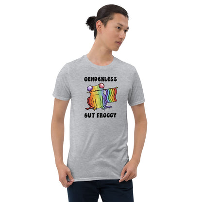 Person wearing a gray t-shirt with a rainbow agender or nonbinary frog graphic and text on a white background