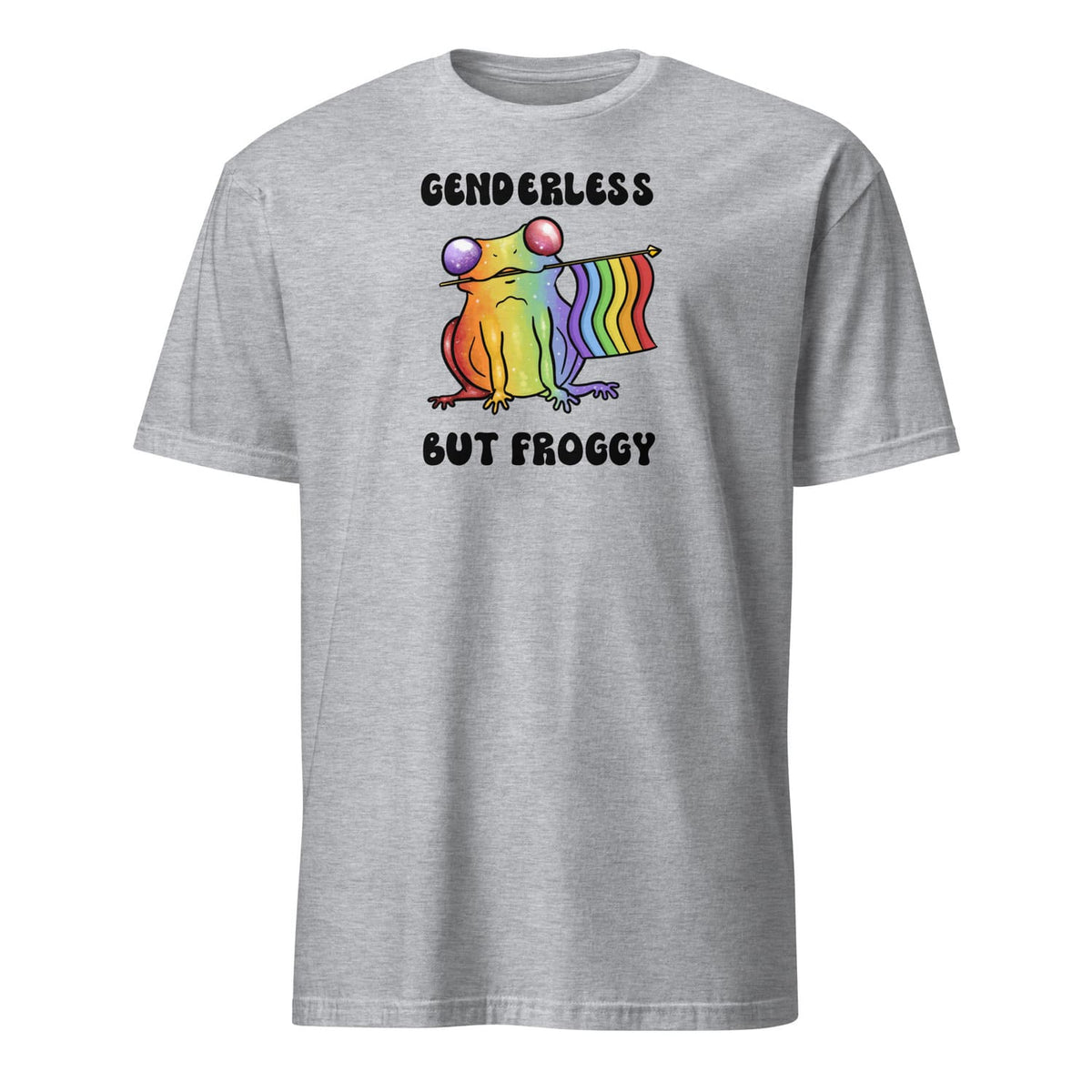 Gray t-shirt with a rainbow agender or nonbinary frog graphic and text on a white background