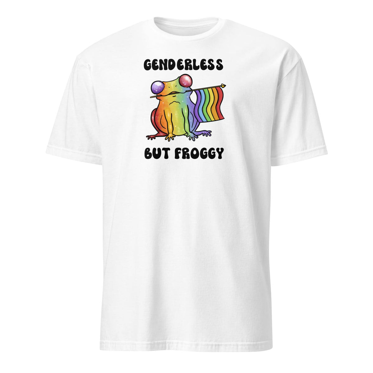 White t-shirt with a rainbow agender or nonbinaryfrog graphic and text on a white background