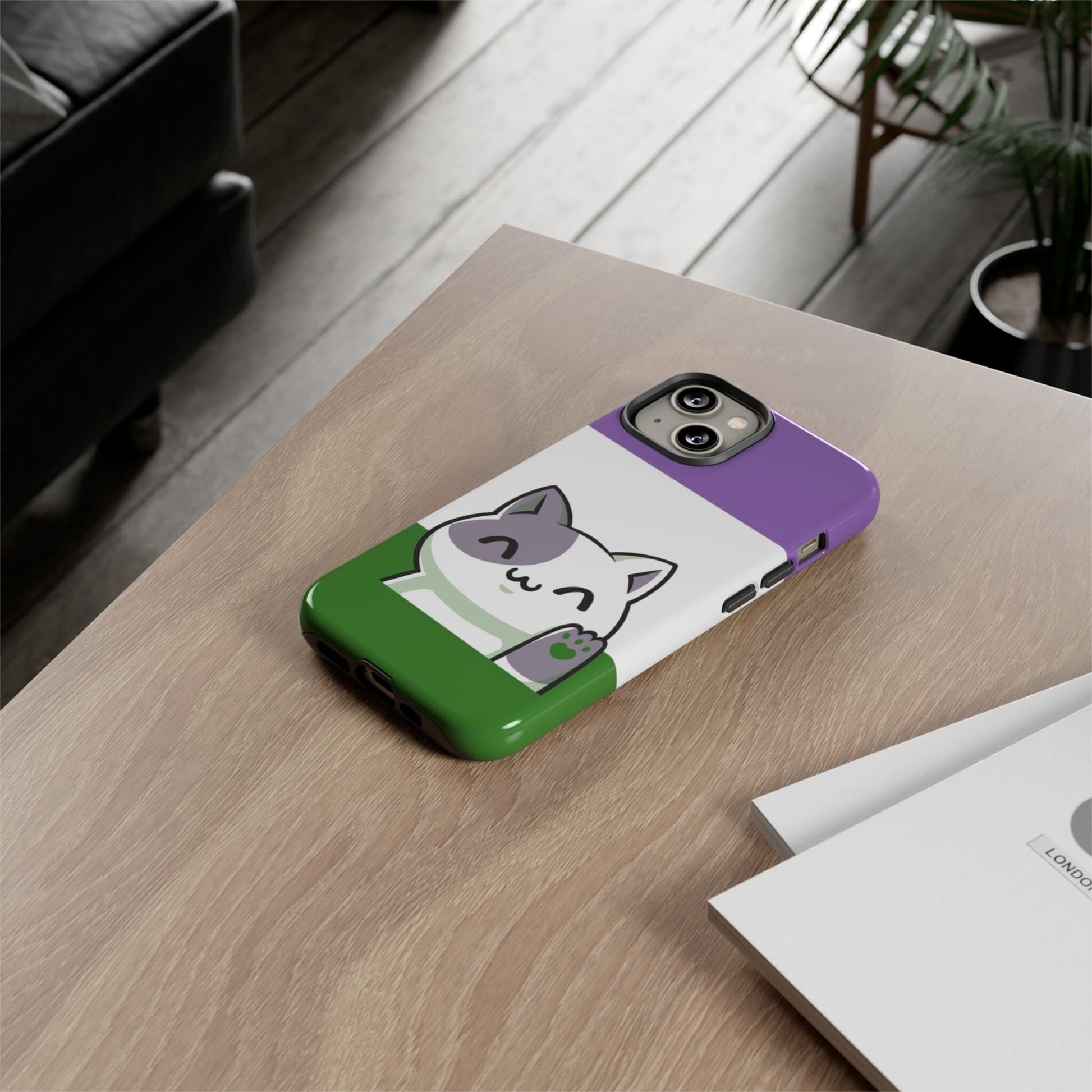 genderqueer phone case kawaii cat, on table