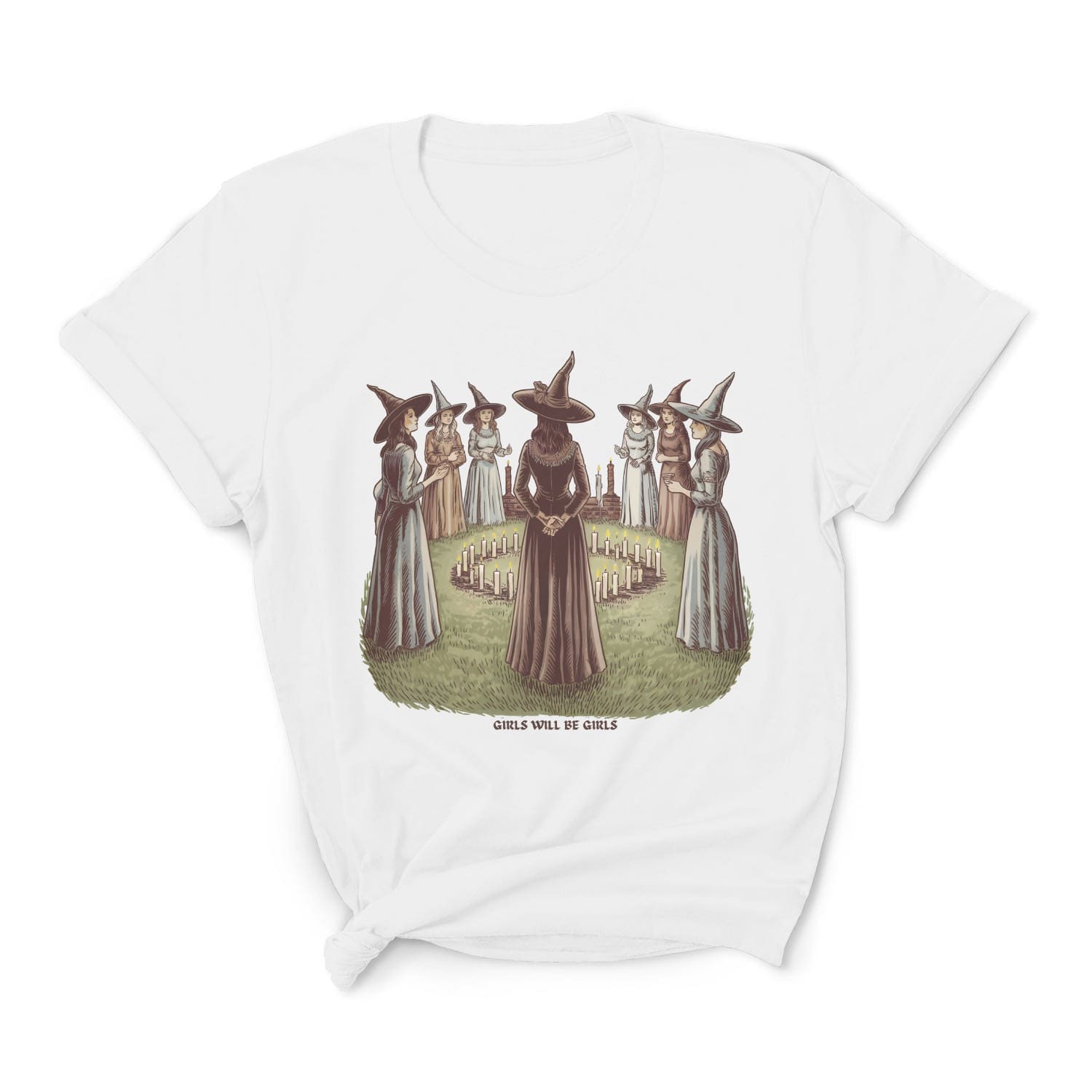 White t-shirt with graphic of witches in hats and dresses on a white background
