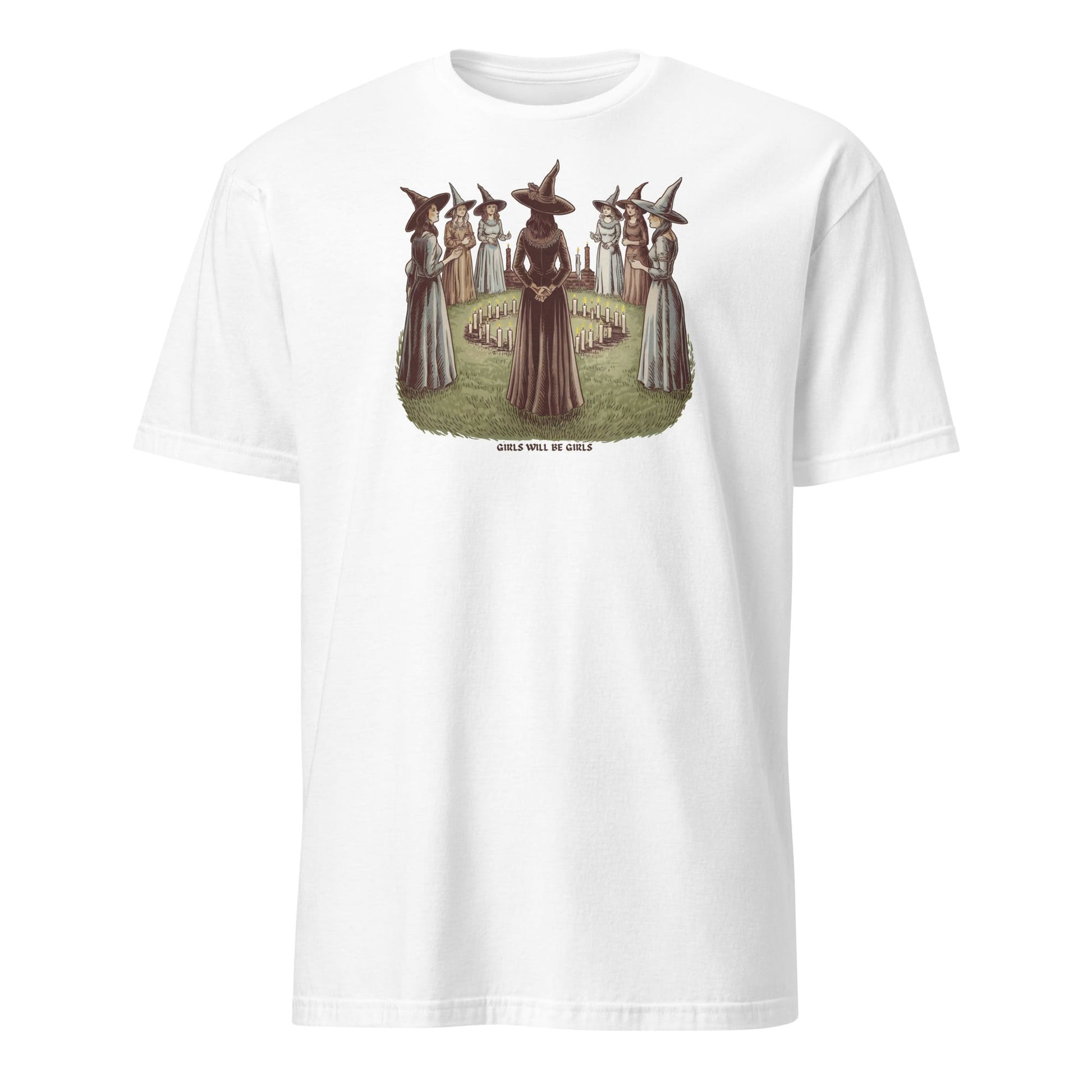 White t-shirt with graphic design of three women in dresses and hats on a white background
