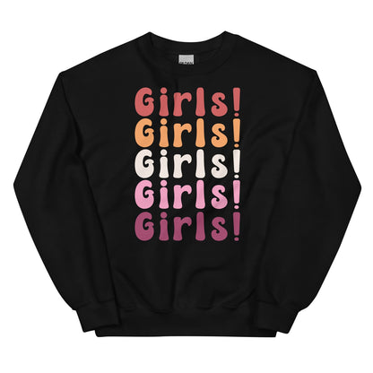Black sweatshirt with 'Girls! Girls! Girls!' text in lesbian sunset flag colors on a white background