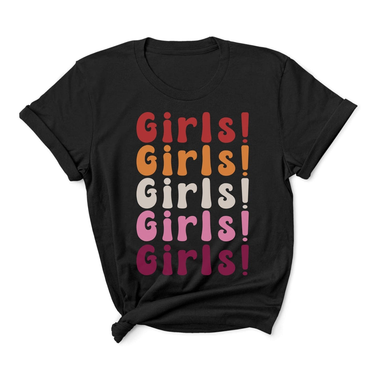 Black t-shirt with lesbian sunset flag colors 'Girls! Girls! Girls!' text on a white background