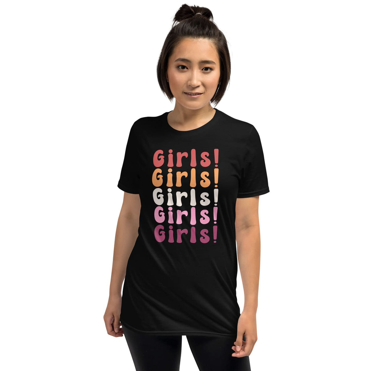 Person wearing a black t-shirt with 'Girls! Girls! Girls!' text in  lesbian sunset flag colors on a white background