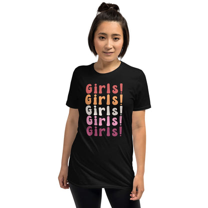 Person wearing a black t-shirt with 'Girls! Girls! Girls!' text in  lesbian sunset flag colors on a white background