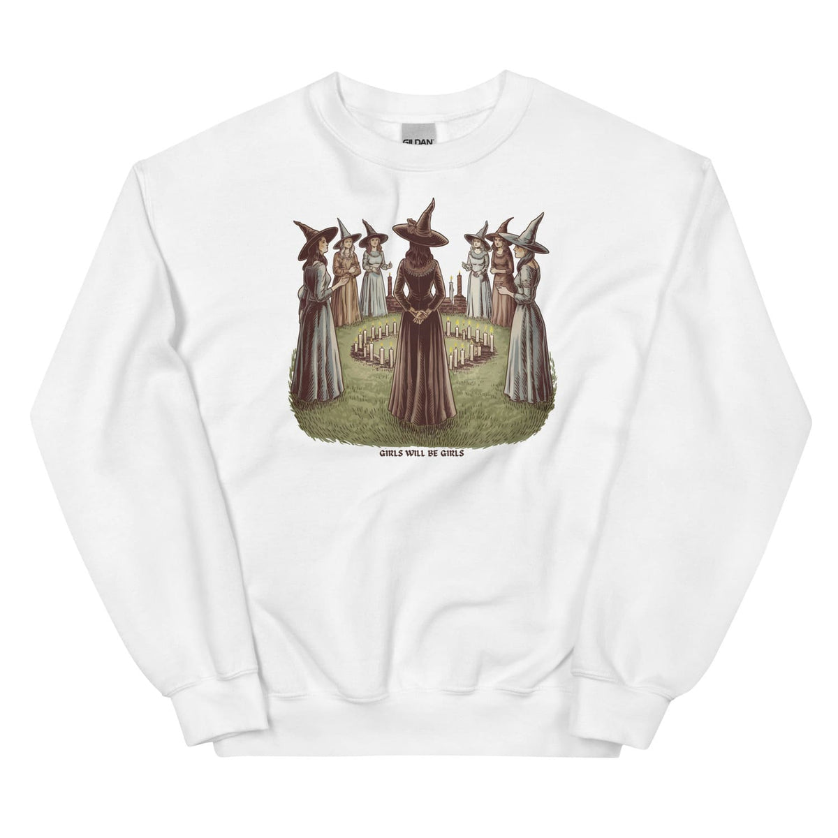 White feminist sweatshirt with a graphic of witches on a white background