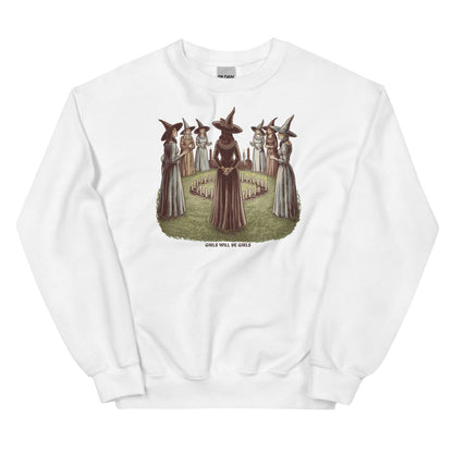 White feminist sweatshirt with a graphic of witches on a white background