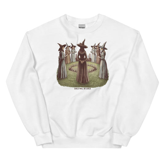 White feminist sweatshirt with a graphic of witches on a white background