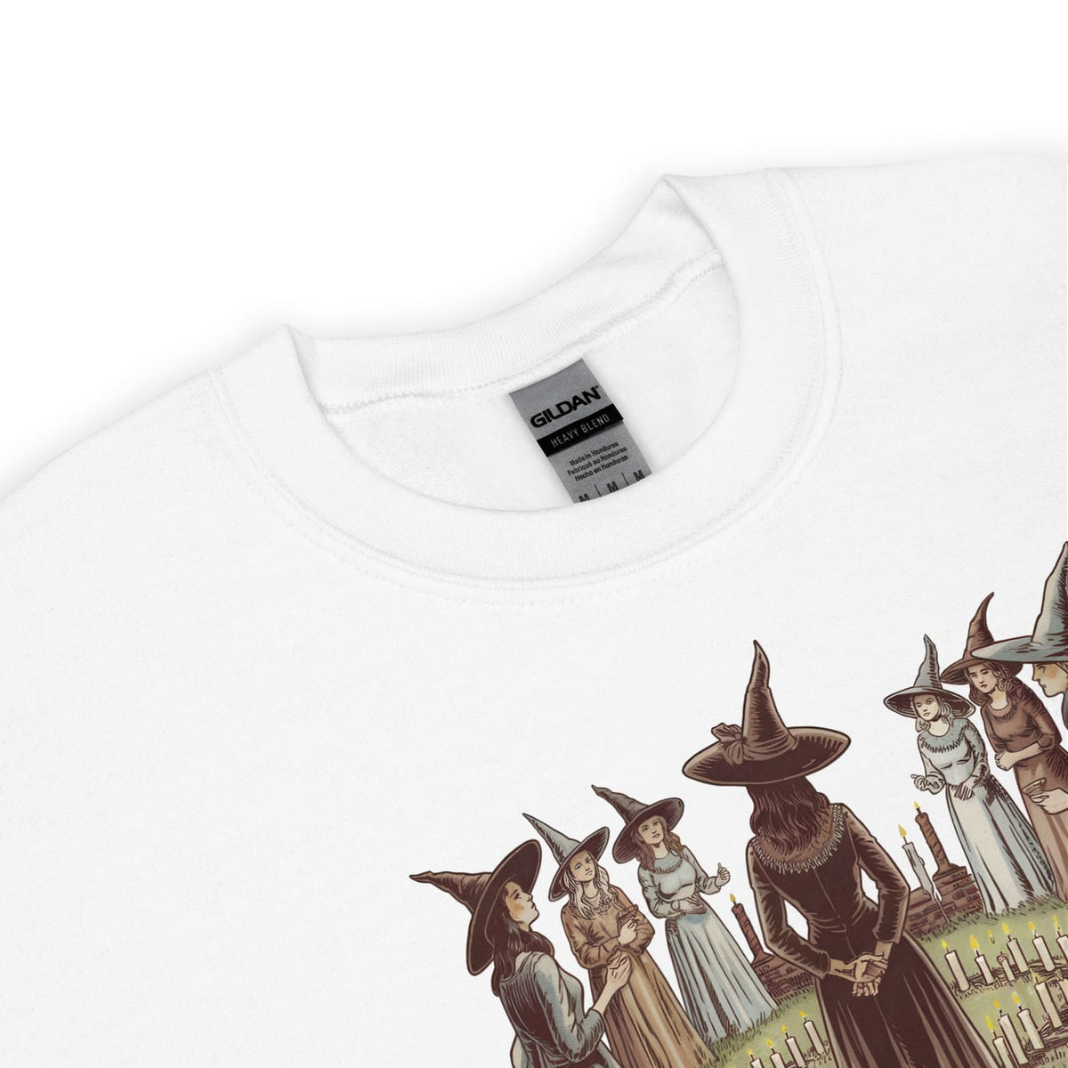 White feminist sweatshirt with a graphic of witches , featuring the Gildan label.