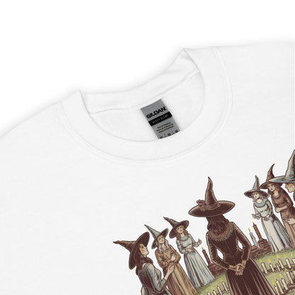 White feminist sweatshirt with a graphic of witches , featuring the Gildan label.