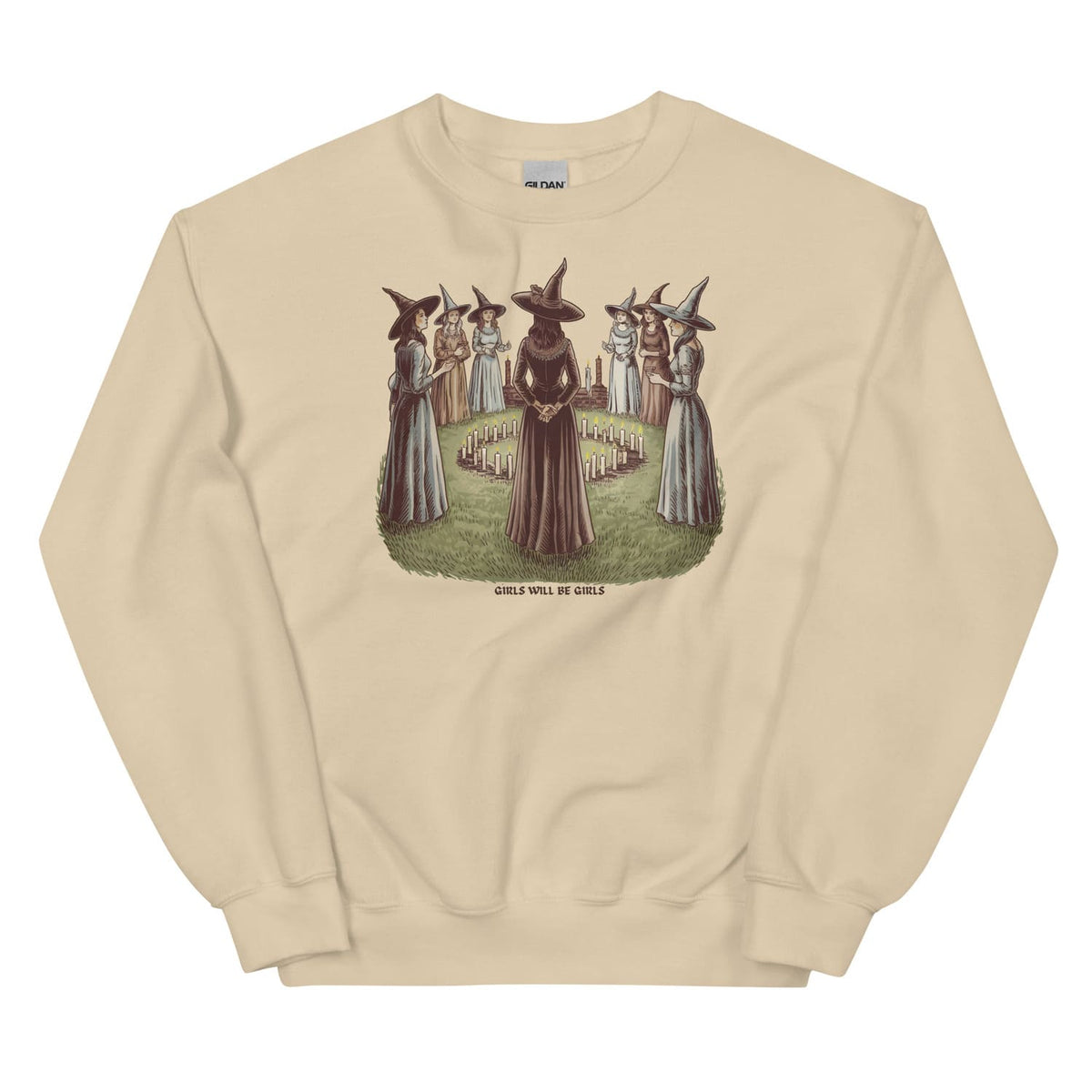 Beige feminist sweatshirt with a graphic of witches on a white background
