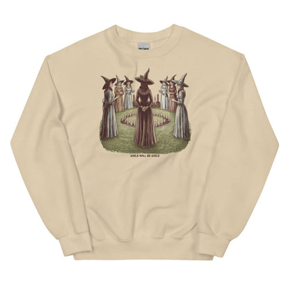Beige feminist sweatshirt with a graphic of witches on a white background