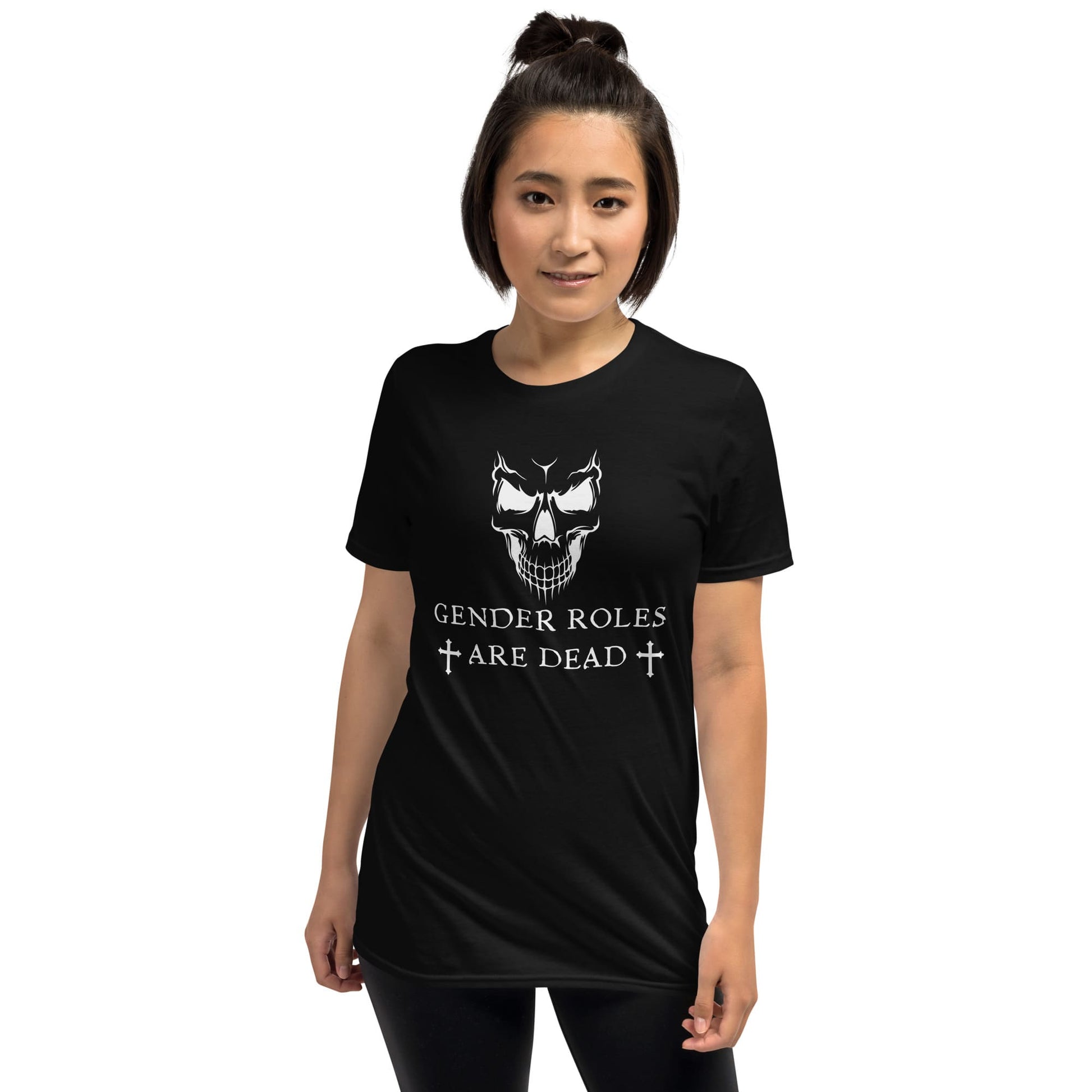 nonbinary shirt, gothic enby pride, model 2