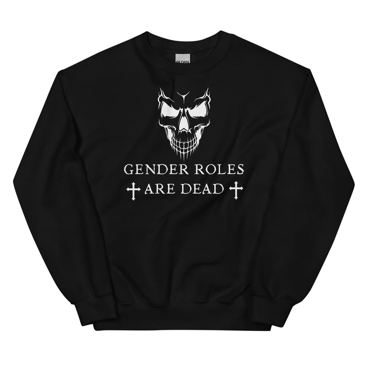 Black nonbinary sweatshirt with a skull design and 'Gender Roles Are Dead' text on a white background