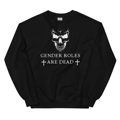 Black nonbinary sweatshirt with a skull design and 'Gender Roles Are Dead' text on a white background
