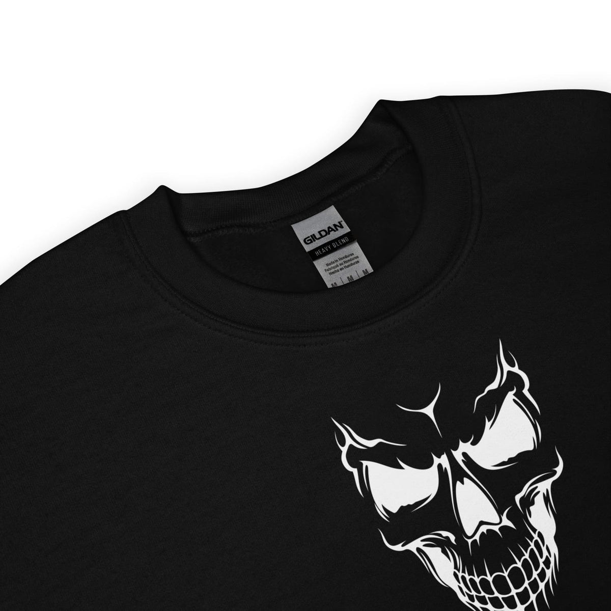 Black non binary with a white skull design on a white background