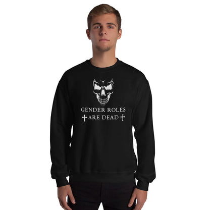 Person wearing a black nonbinary sweatshirt with a skull design and text on a white background