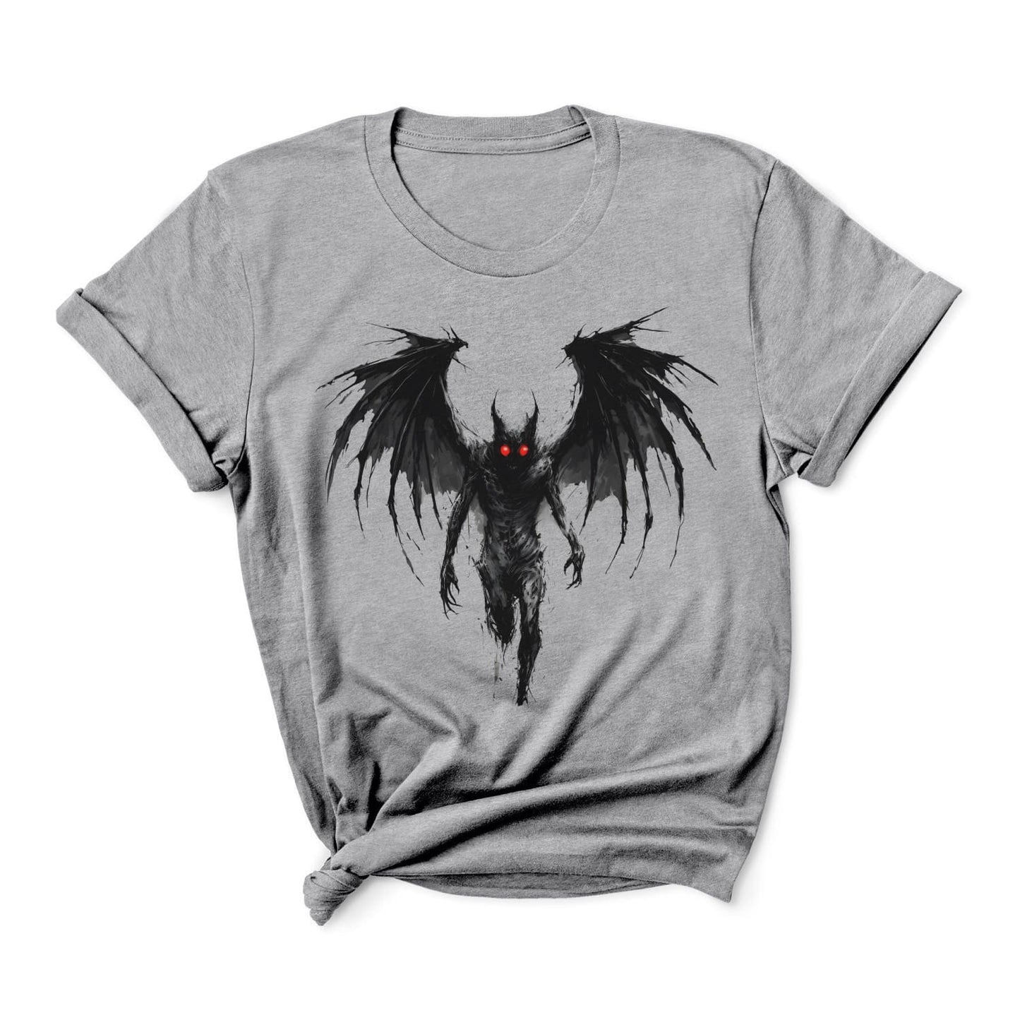 Gray t-shirt with grunge mothman graphic on a white background