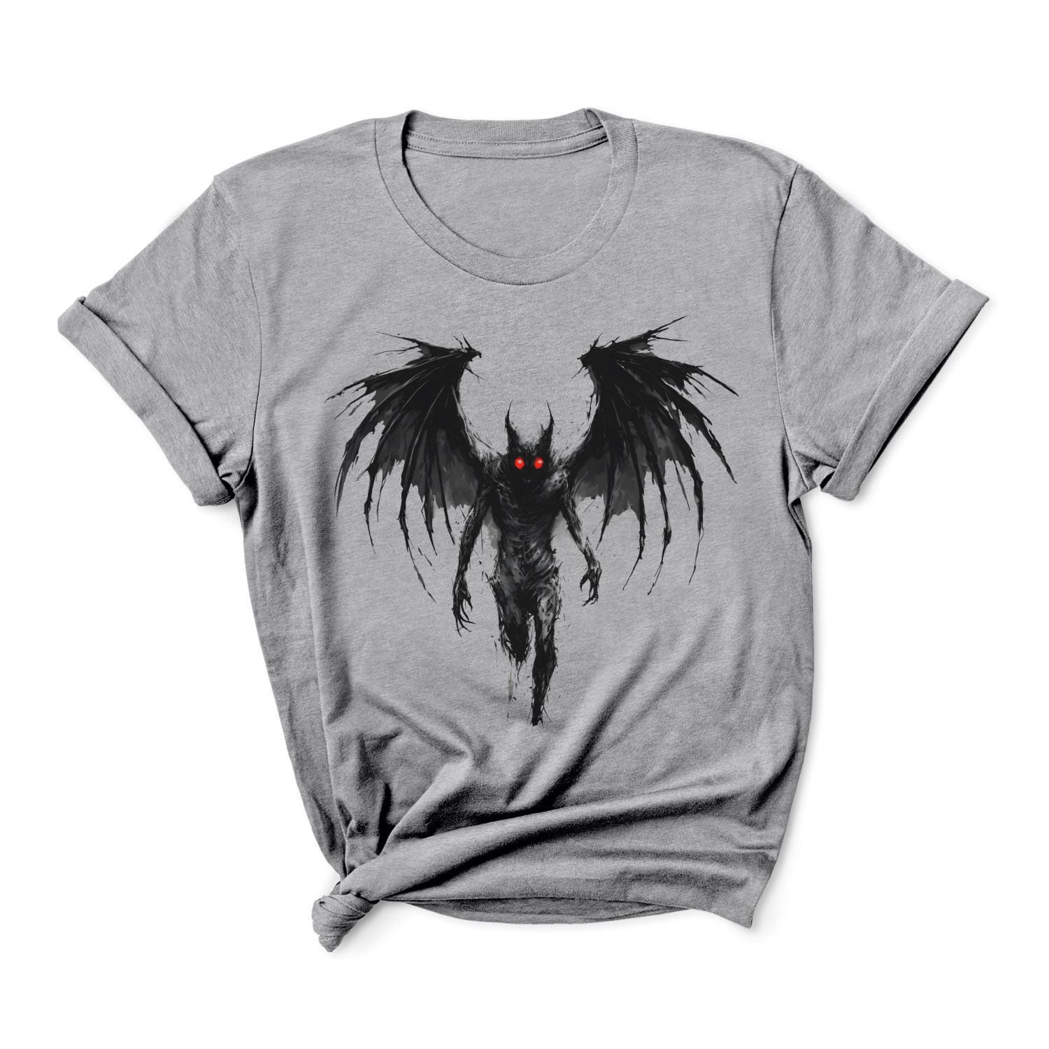 Gray t-shirt with grunge mothman graphic on a white background