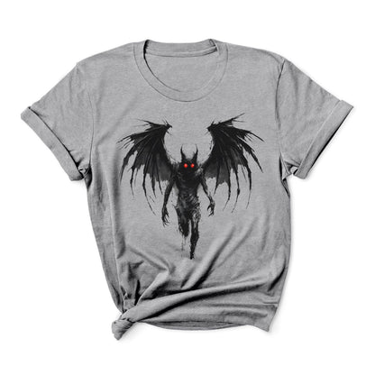 Gray t-shirt with grunge mothman graphic on a white background