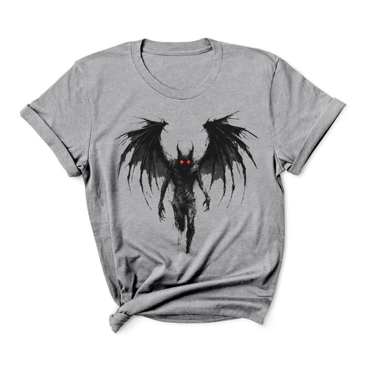 Gray t-shirt with grunge mothman graphic on a white background