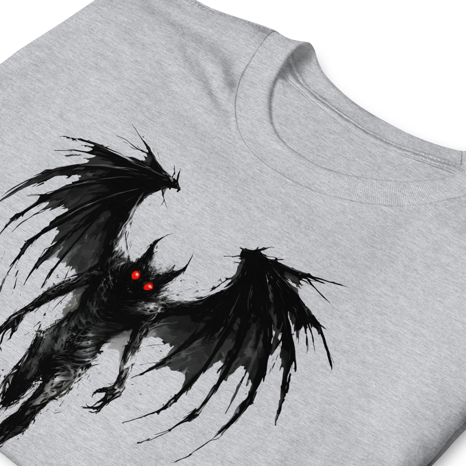 Gray t-shirt with a distressed mothman design on a white background
