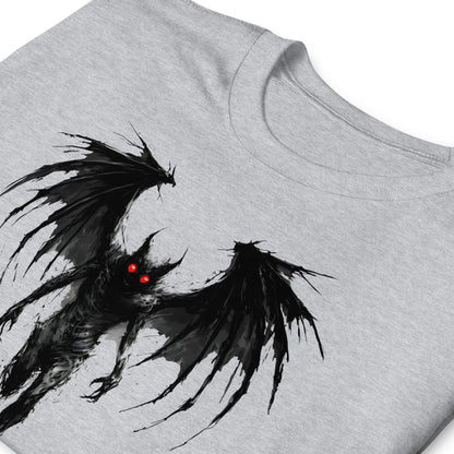 Gray t-shirt with a distressed mothman design on a white background