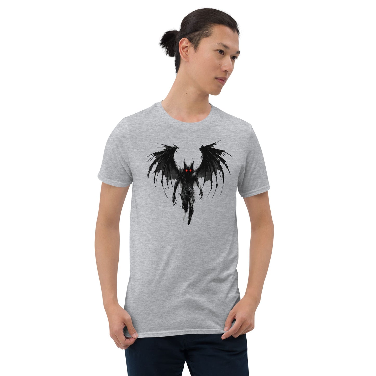 Man wearing a gray t-shirt with a black mothman design on a white background