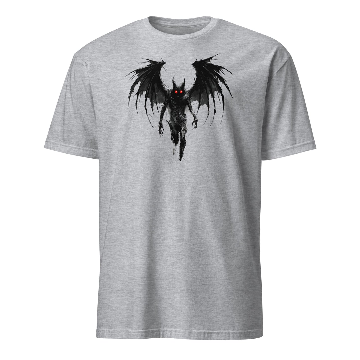 Gray t-shirt with a grunge mothman graphic on a white background
