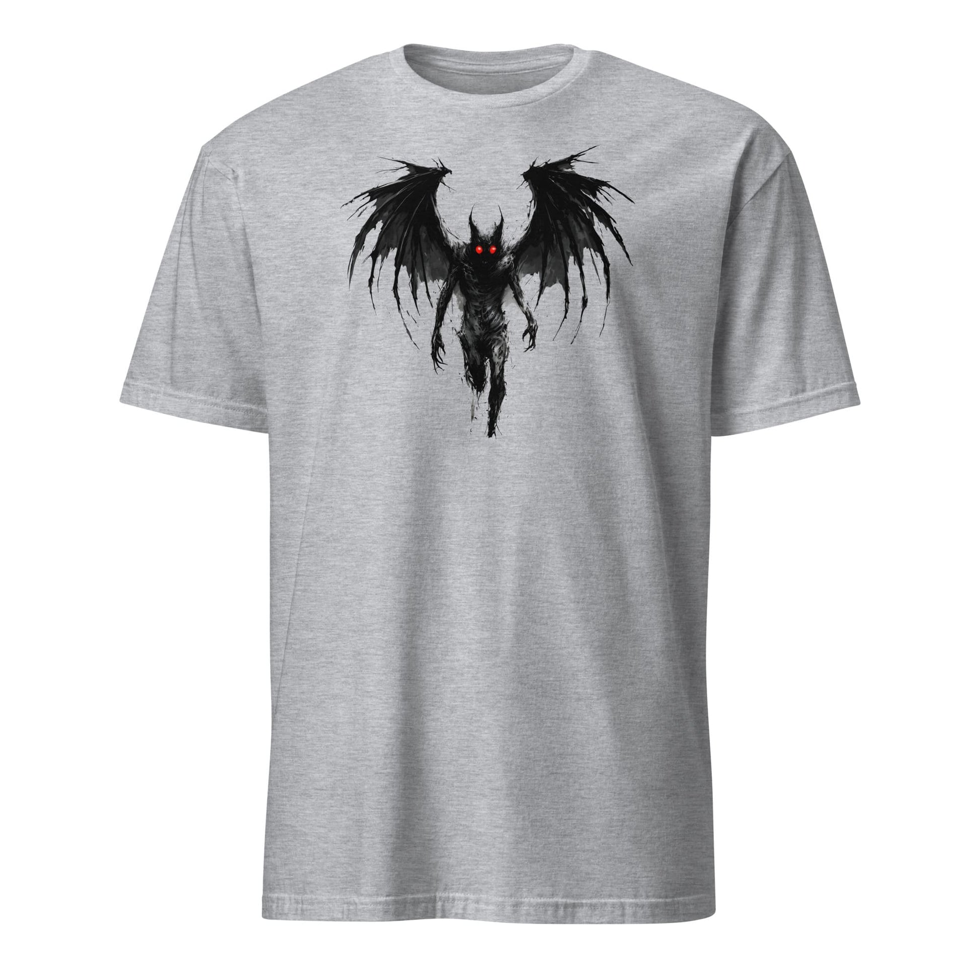 Gray t-shirt with a grunge mothman graphic on a white background