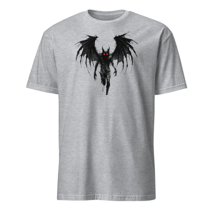 Gray t-shirt with a grunge mothman graphic on a white background