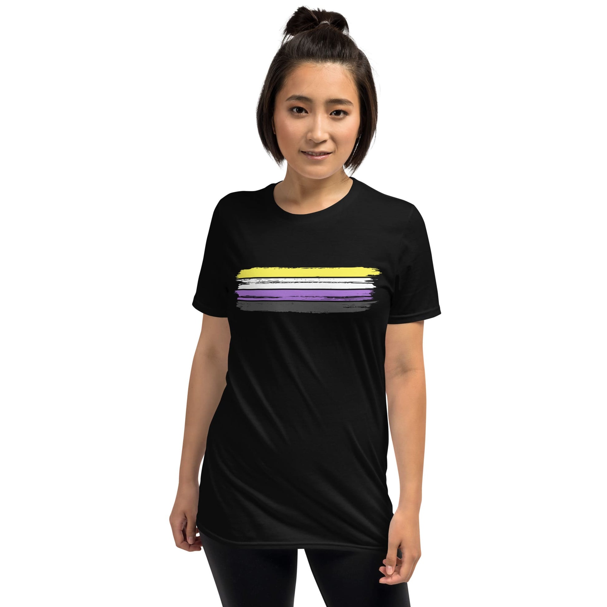 nonbinary shirt, grunge enby flag tee, model 1