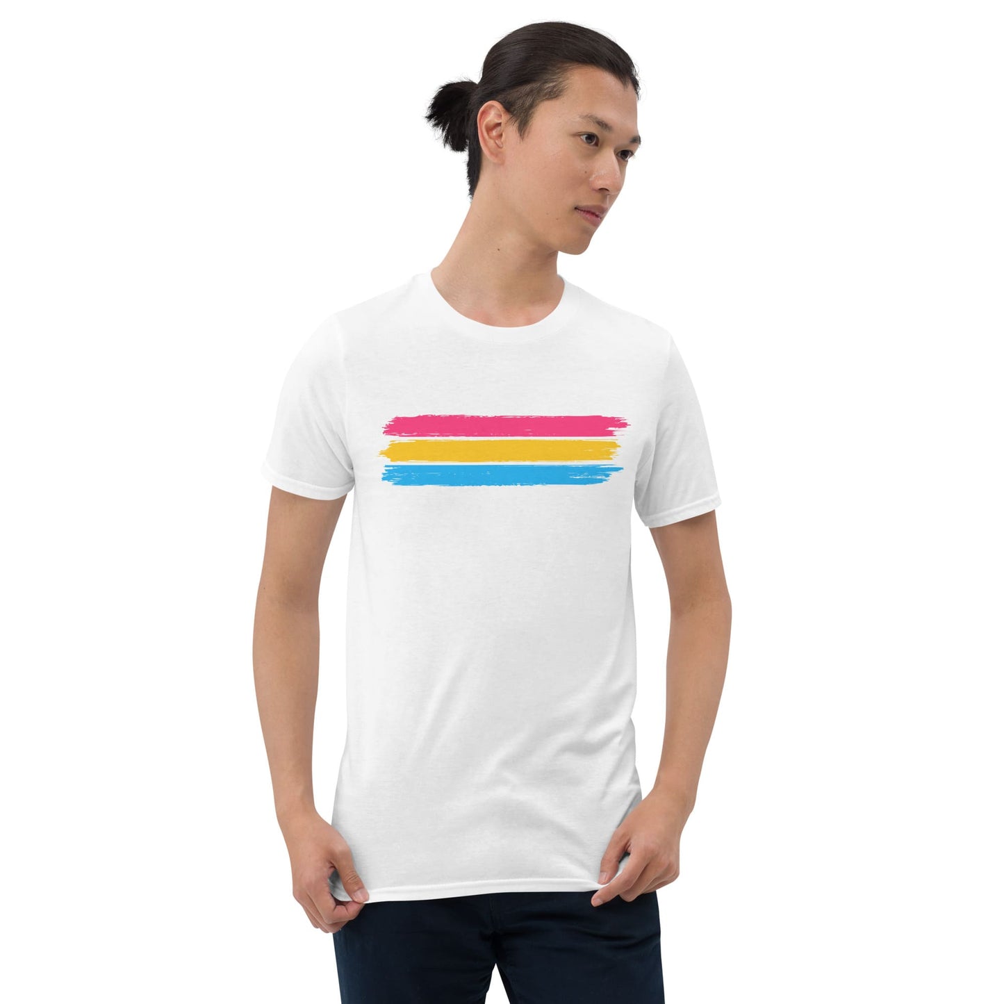 pansexual shirt, grunge pan flag tee, model 2