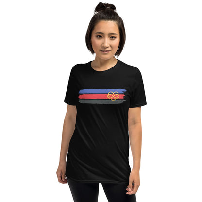 polyamory shirt, grunge polyamorous flag tee, model 2