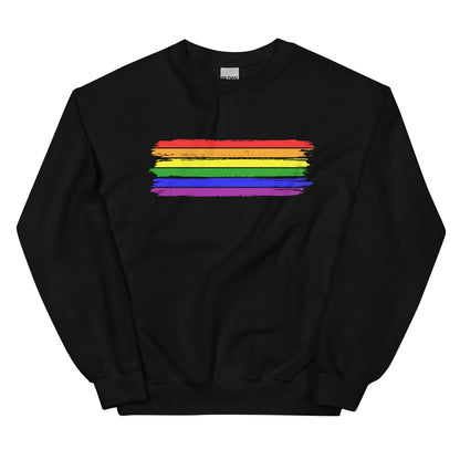 Black lgbtq pride sweatshirt with a rainbow stripe design on a white background