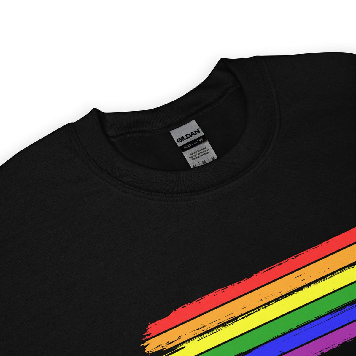 Black lgbtq sweatshirt with rainbow stripes and Gildan label on a white background